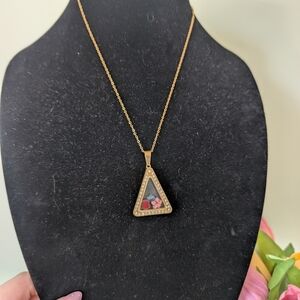 Floating Charms Goldtone Triangle Pendant Necklace with Gemstones Flower Charms